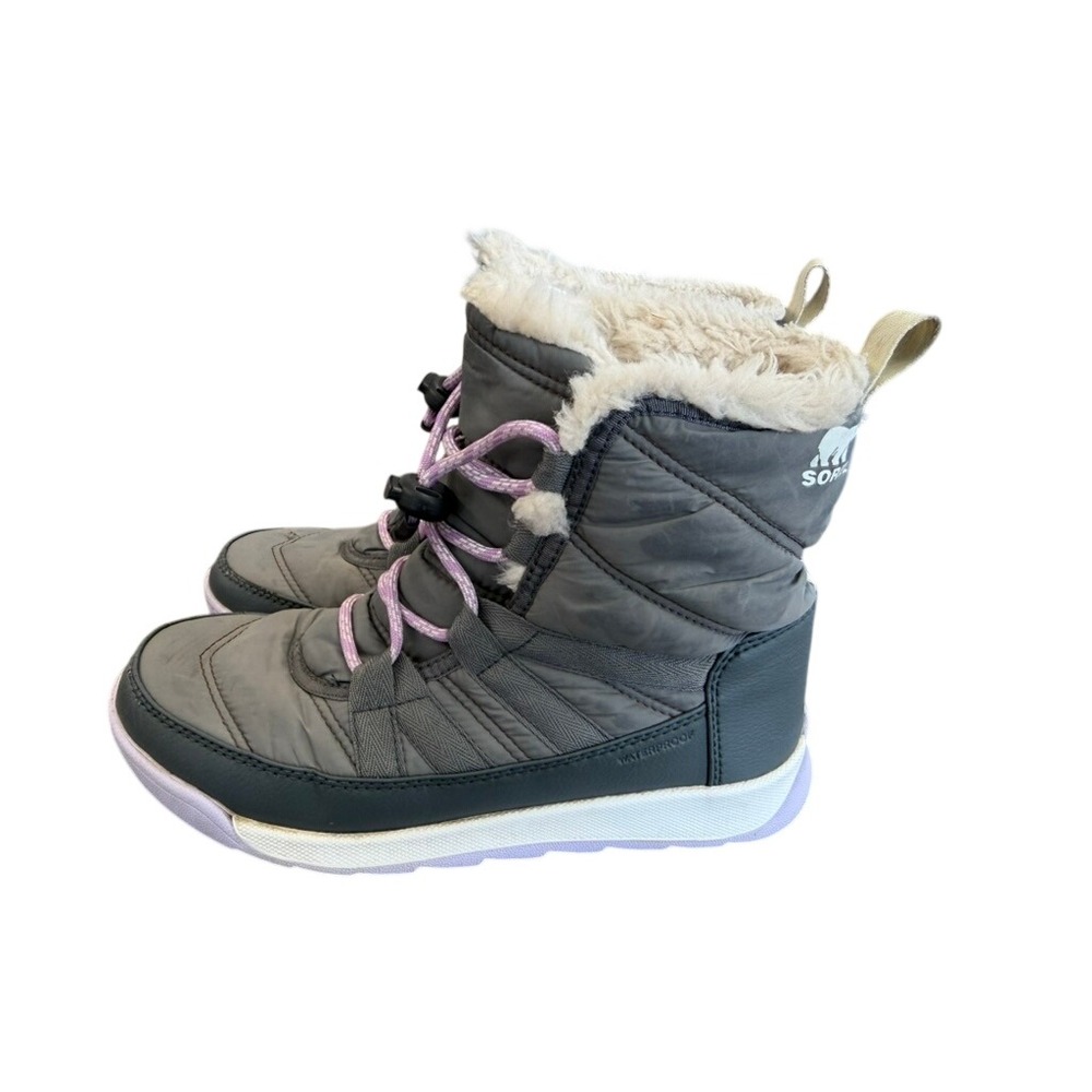 Sorel Whitney II‎ Waterproof Snow Boots Kids Gray Lavender Faux Fur Final Sale
